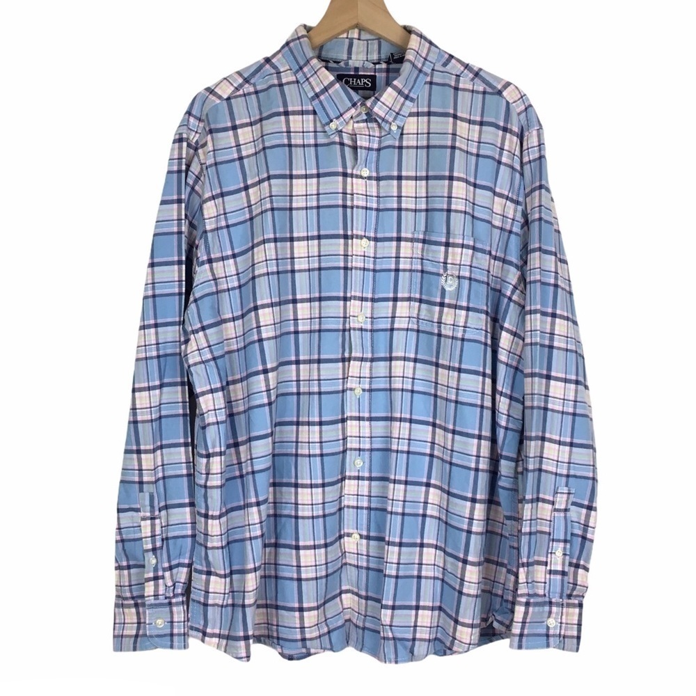 CHAPS Shirt Button Down Plaid Grid Long Sleeve Classic Style Shacket Size XXL